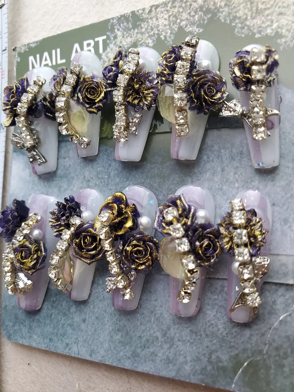 Violet Decadence 💜🥀 3D Rose & Crystal Press-On Nails